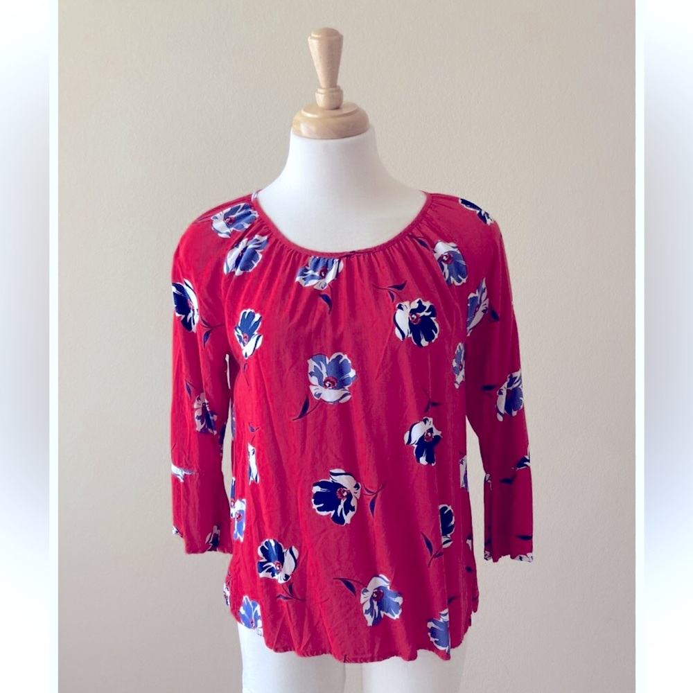 Banana Republic XS Red POPPY Floral Blouse Shirt Top 3/4 Bell Sleeve Tunic M49